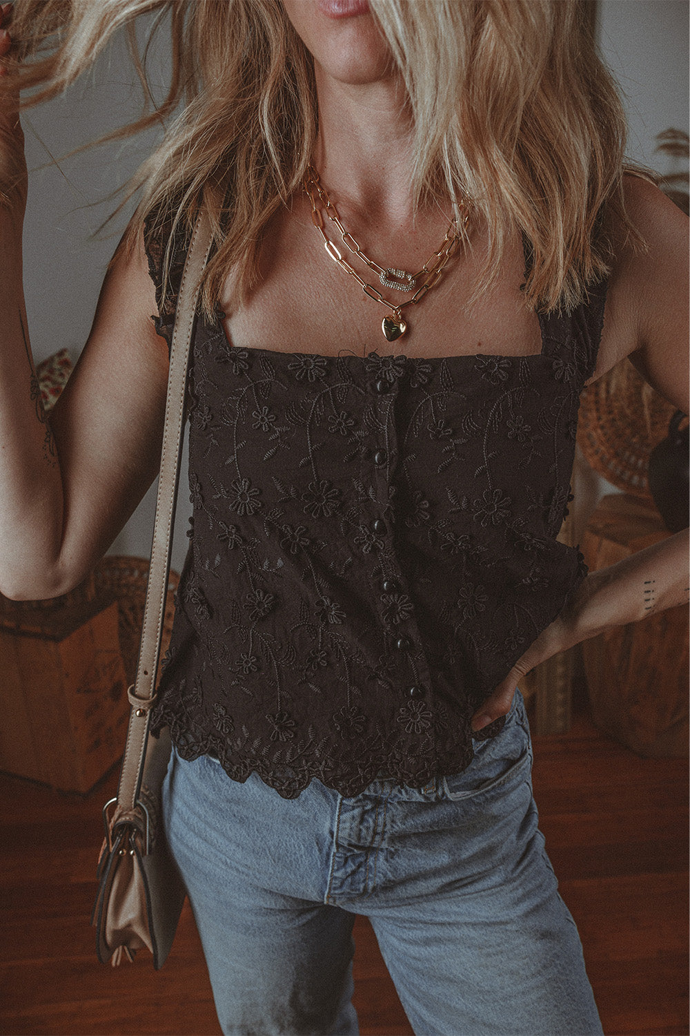 Embroidered Square Neck Wide Strap Tank