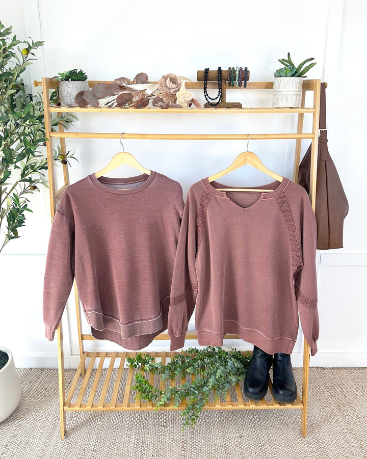 IN STOCK Lace Accent Vintage Wash Pullover - Brown