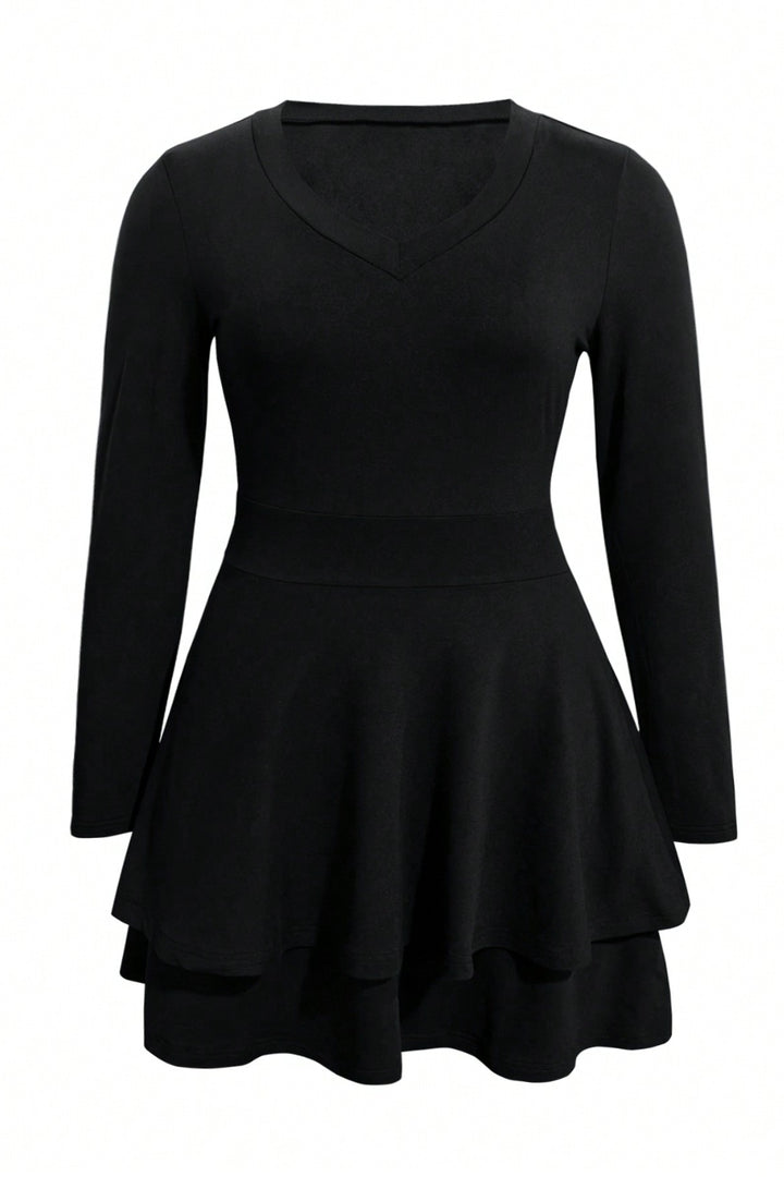 Plus Size Layered V-Neck Long Sleeve Mini Dress