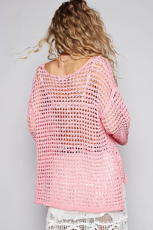 POL Side Slit Openwork Long Sleeve Knit Cover Up