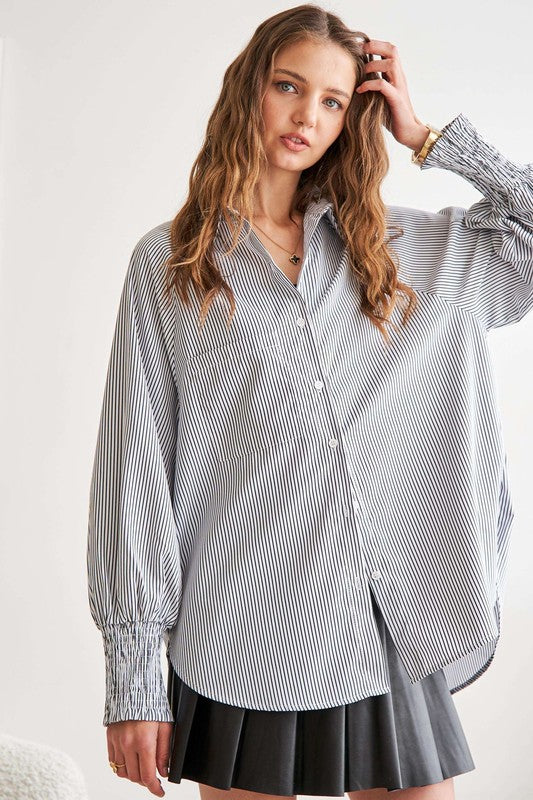 ADORA High-Low Striped Button Down Smocked Lantern Sleeve Shirt