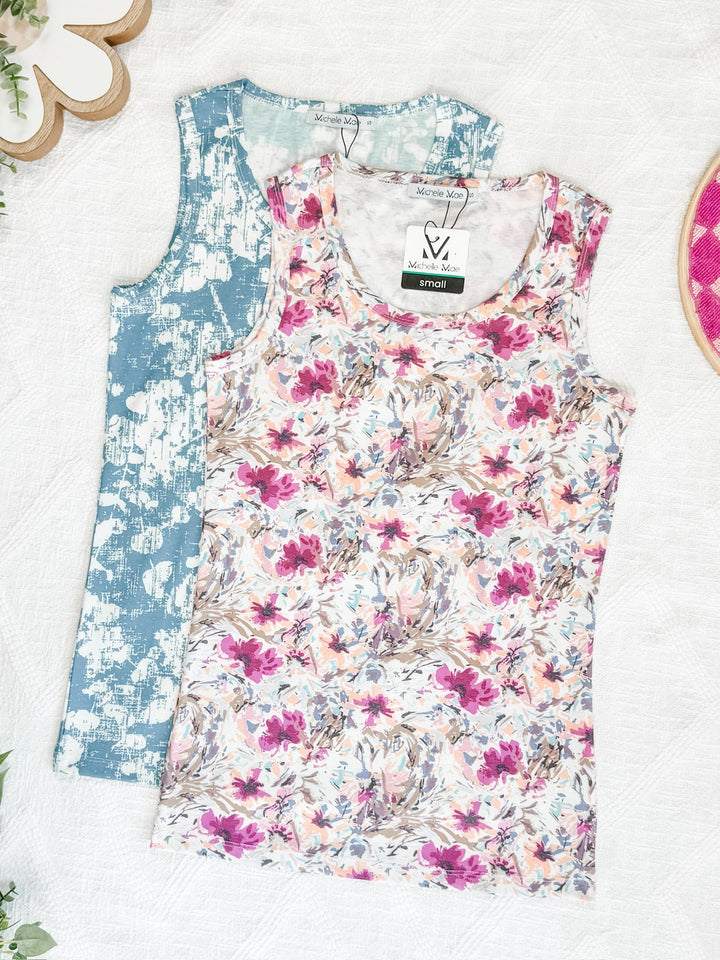 IN STOCK Ava Tank - Pink and Periwinkle Abstract Floral FINAL SALE