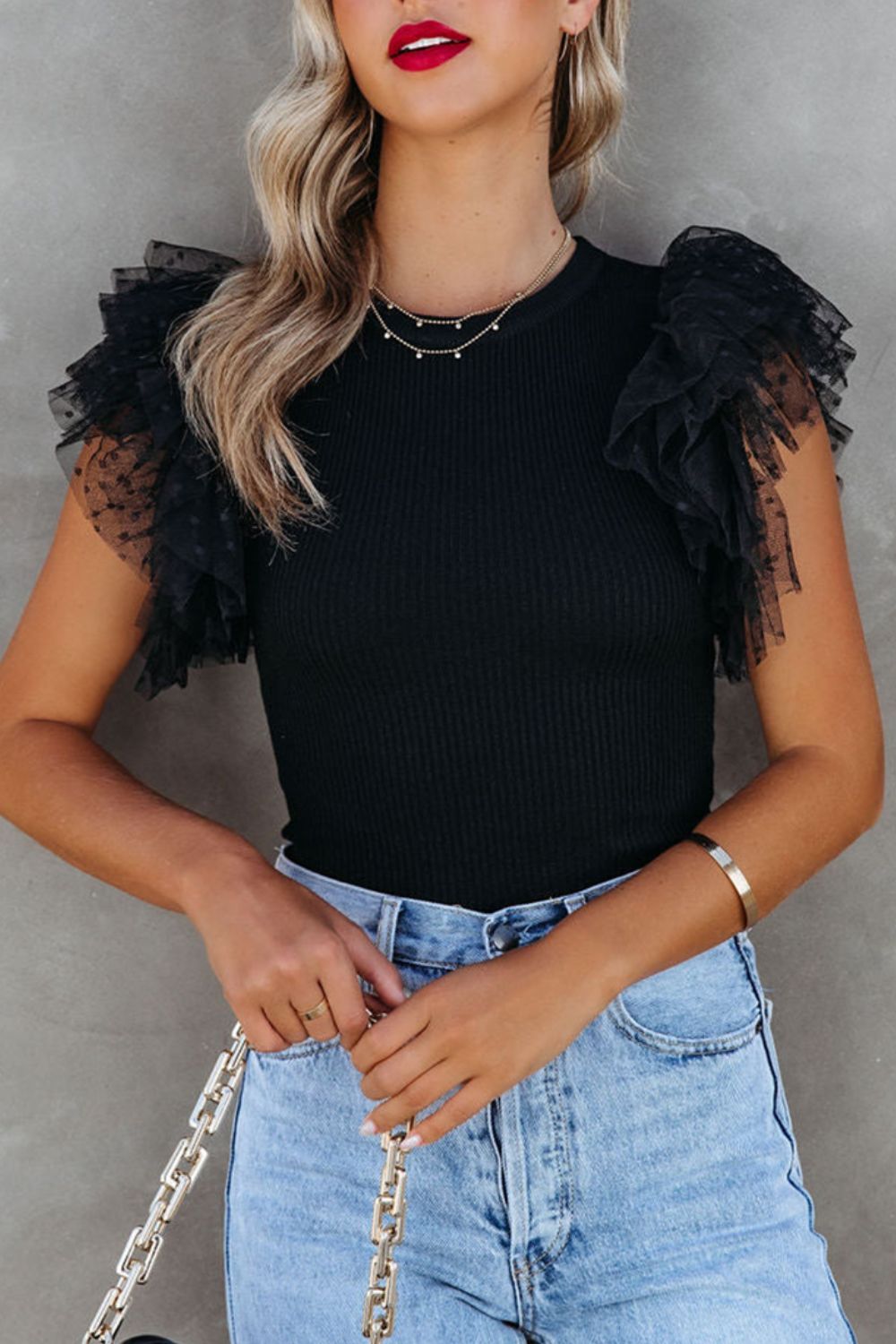 Ruffled Round Neck Cap Sleeve Blouse