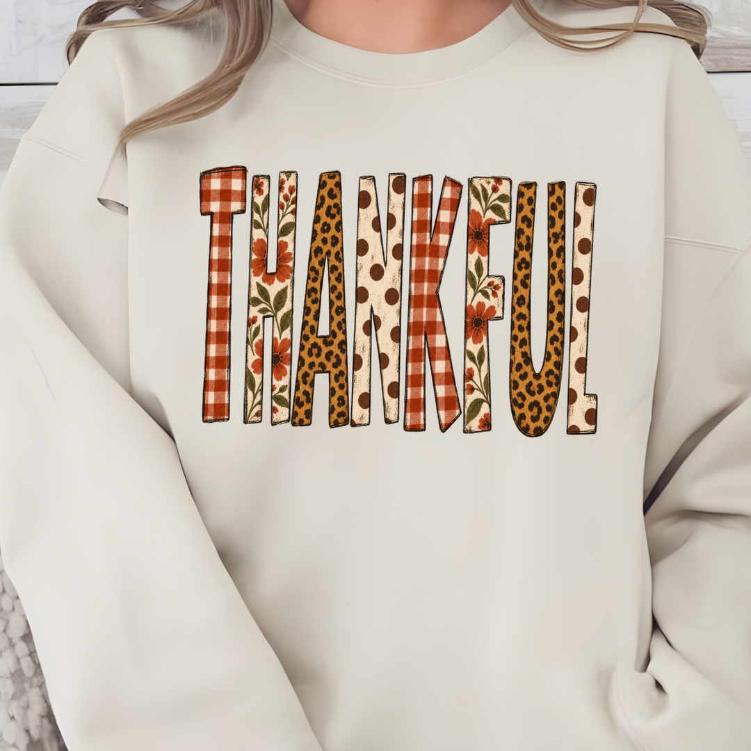 Wholesale Patchwork Thankful Graphic Sweatshirt - Sand