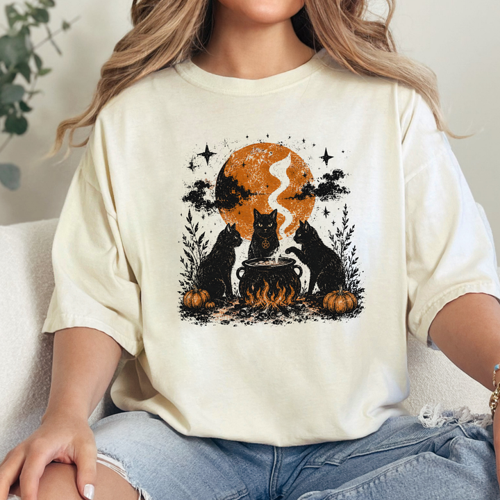 Wholesale Witch Cat Coven Halloween Graphic Tee - Ivory