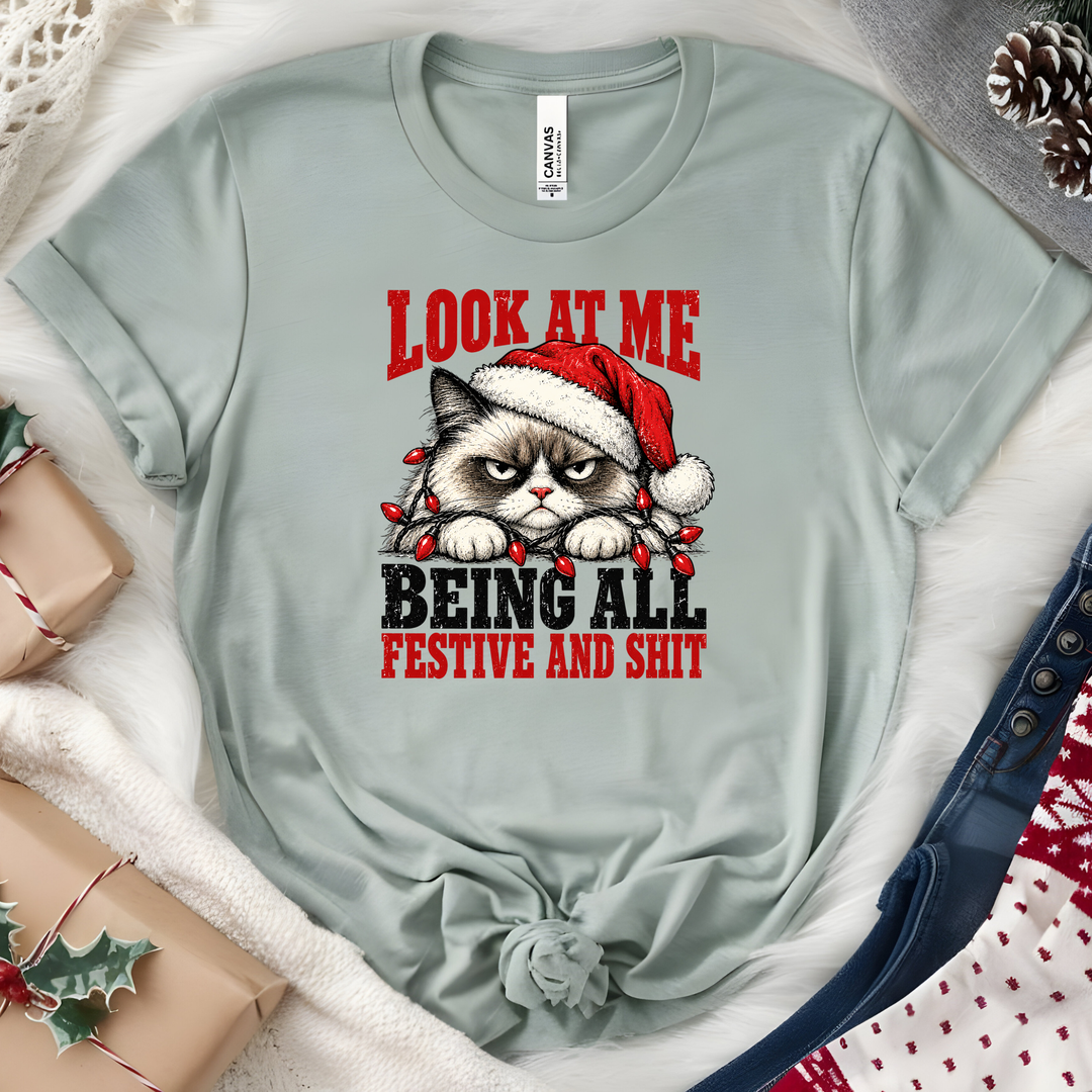Wholesale Grumpy Christmas Cat Graphic Tee - Heather Sage