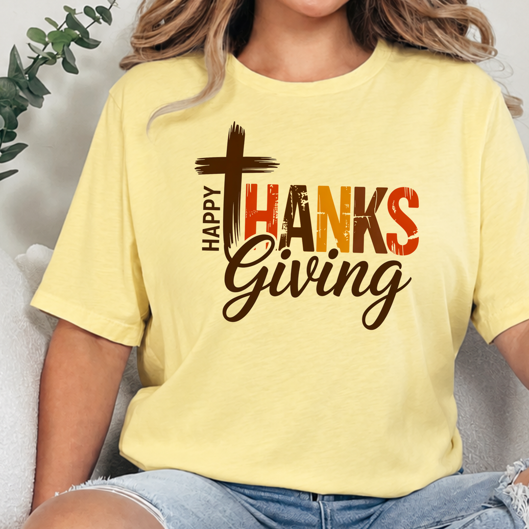 Wholesale Happy Thanksgiving Cross Graphic Tee - Heather French Vanilla