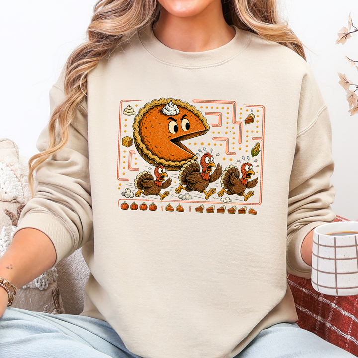Wholesale Thanksgiving Pie Chasing Turkey Graphic Sweatshirt - Sand