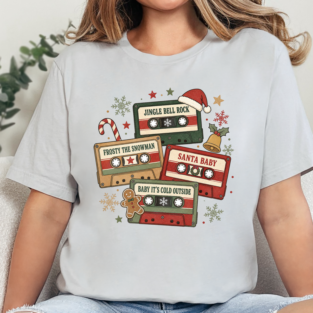 Wholesale Vintage Christmas Cassettes Graphic Tee - Silver