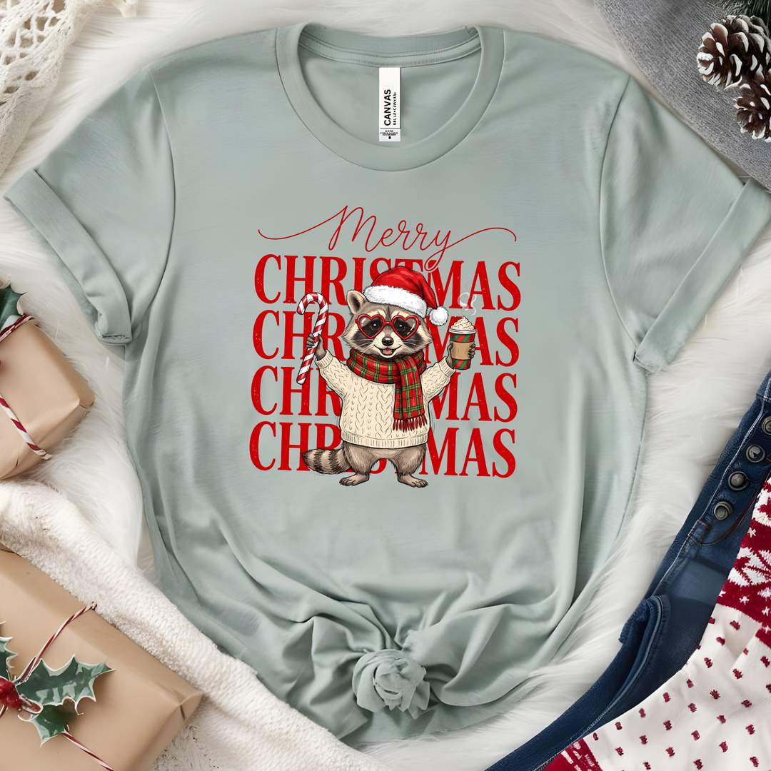 Wholesale Merry Christmas Raccoon Graphic Tee - Heather Sage