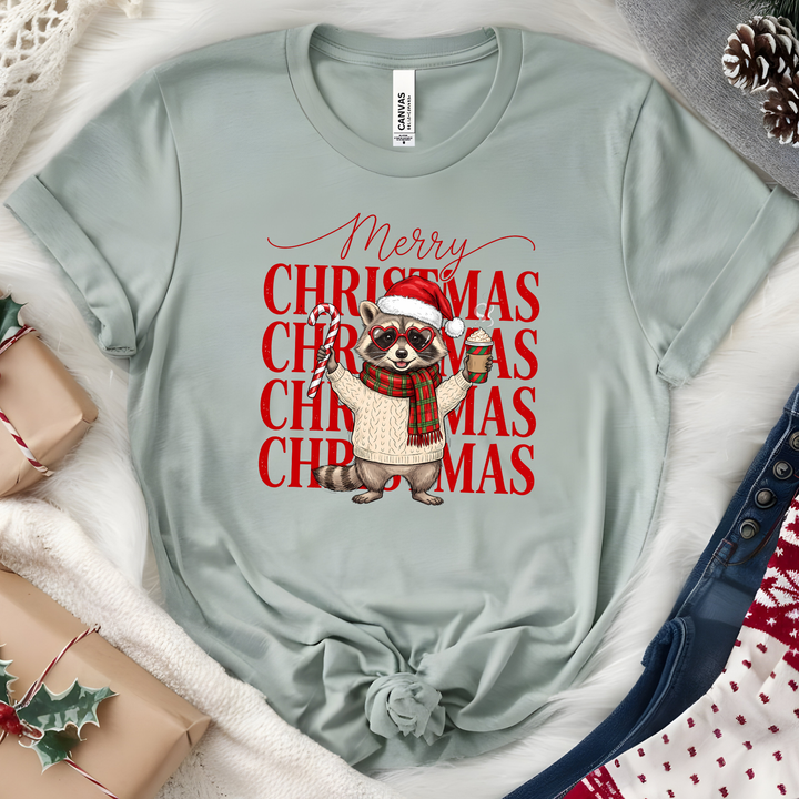 Wholesale Merry Christmas Raccoon Graphic Tee - Heather Sage