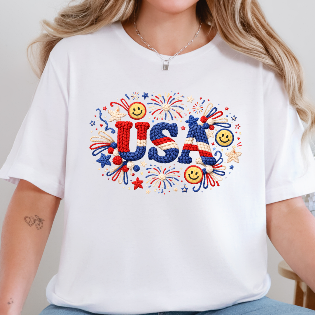 Wholesale Faux Yarn USA Fireworks Graphic Tee - White Tee