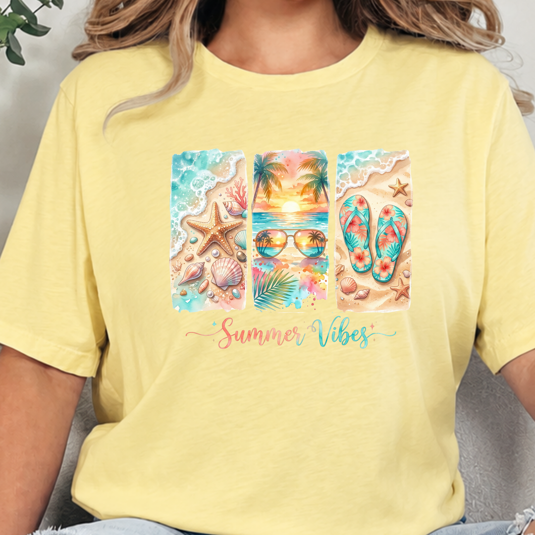 Wholesale Summer Vibes Beach Graphic Tee - Heather French Vanilla