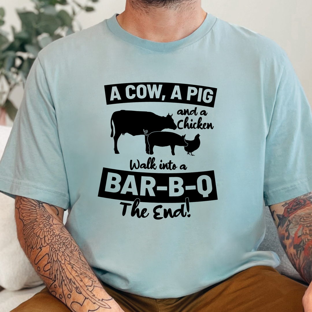 Wholesale Cow, Pig &amp; Chicken Bar B Q Graphic Tee - Dusty Blue