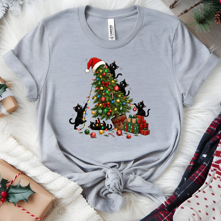 Wholesale Black Cat Christmas Tree Graphic Tee - Grey