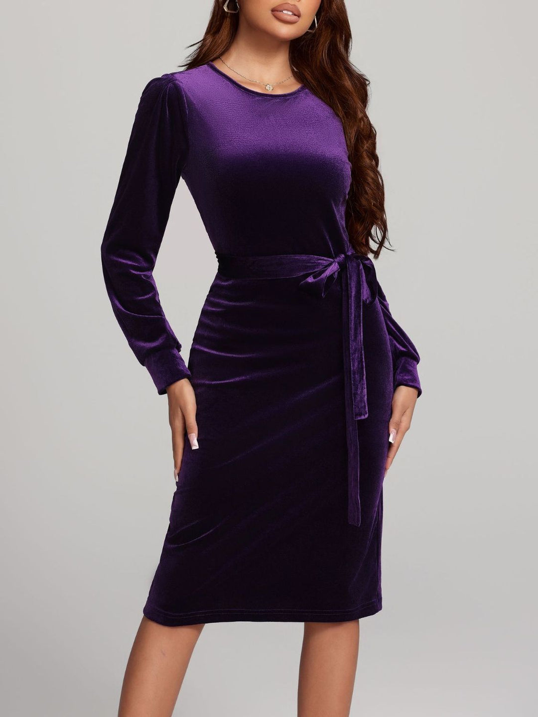 Round Neck Tie Waist Long Sleeve Velvet Dress