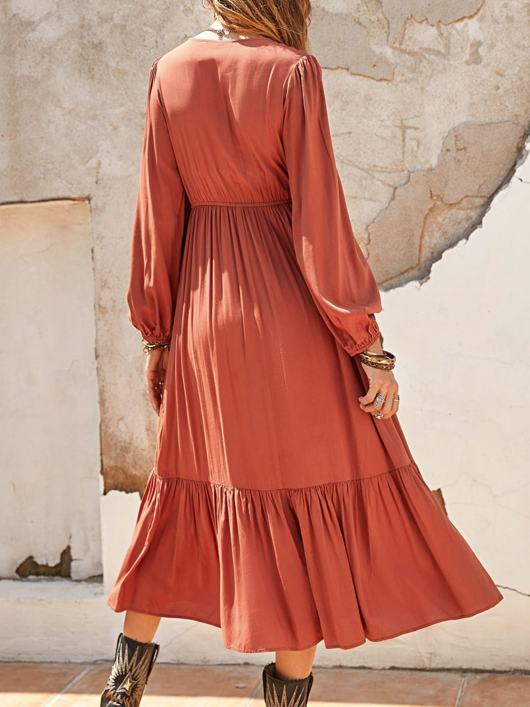 Ruched V-Neck Long Sleeve Midi Dress