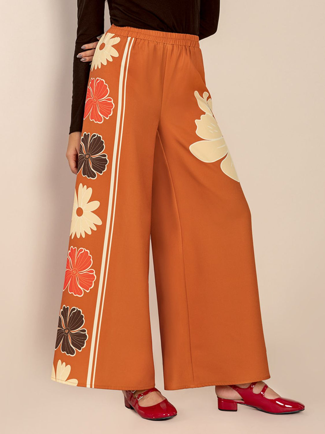 Printed Elastic Waist Wide Leg Pants