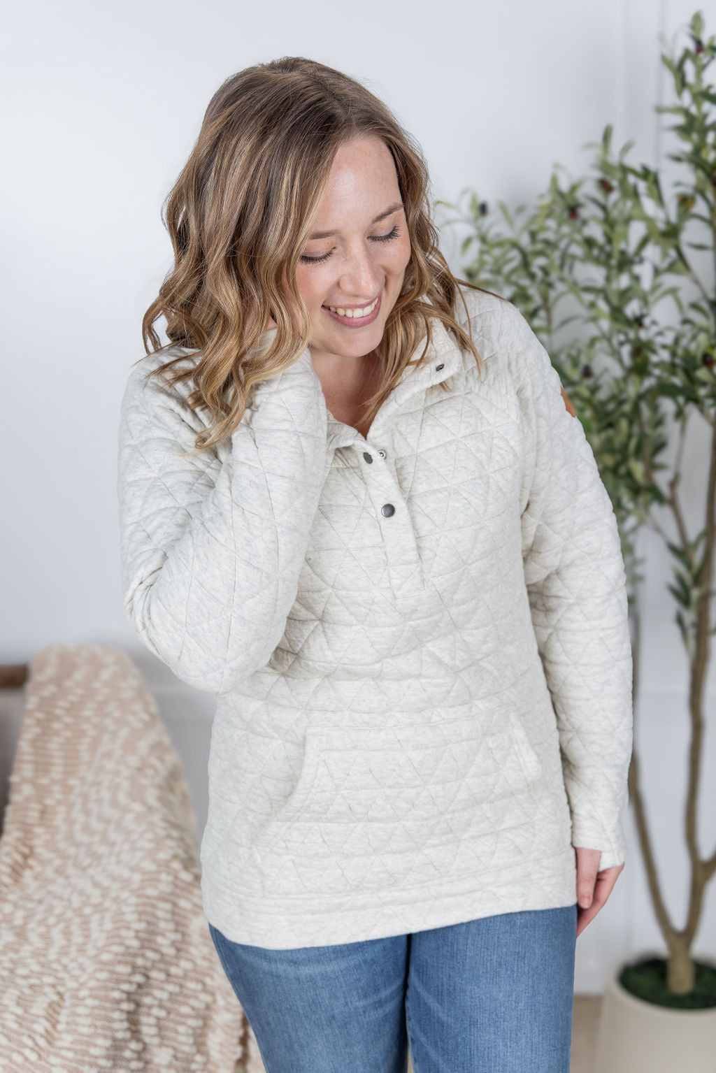 IN STOCK Geometric Button Snap Pullover - Oatmeal