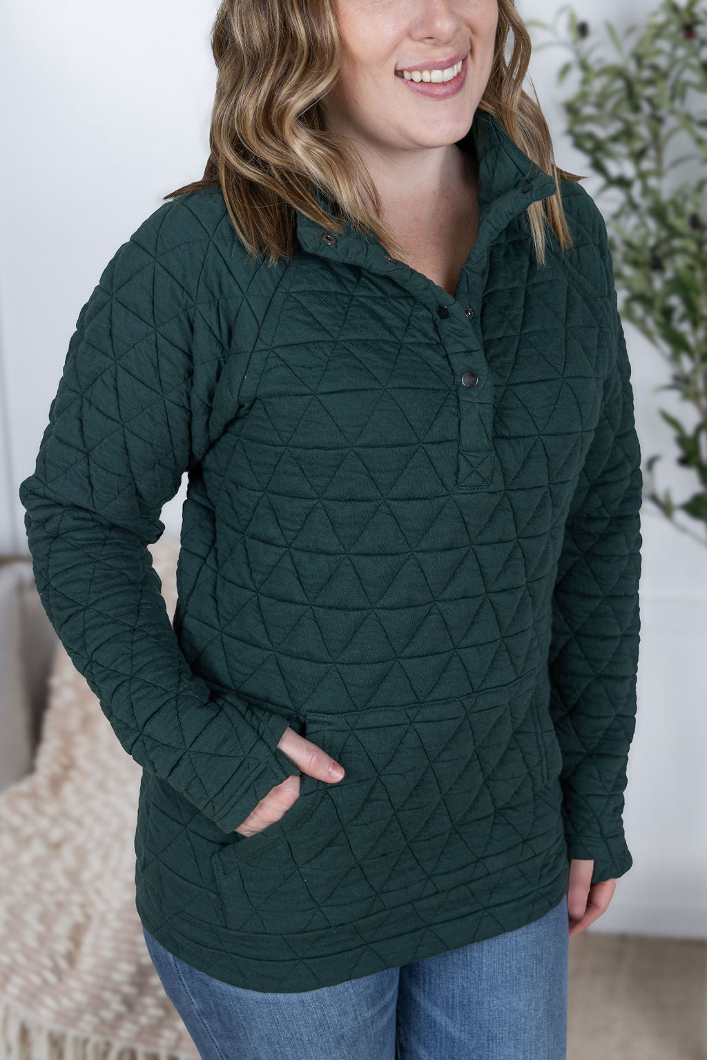 IN STOCK Geometric Button Snap Pullover - Hunter Green