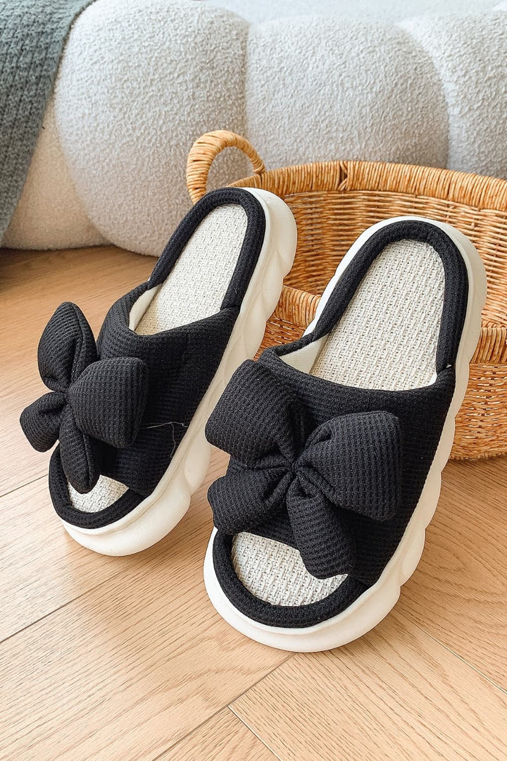 Bow Waffle-Knit Platform Slippers