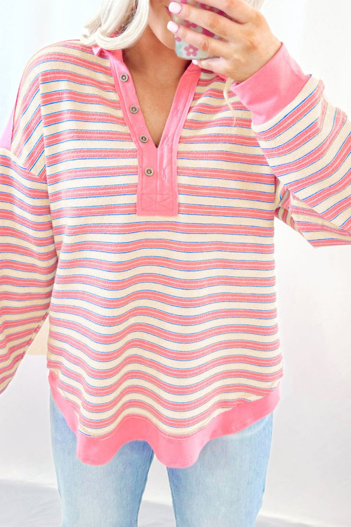 Striped Johnny Collar Long Sleeve Sweatshirt