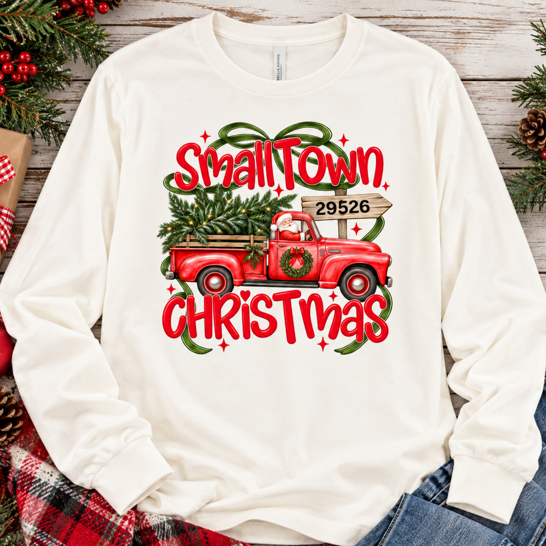 Wholesale Custom Small-Town Christmas Truck with Santa Graphic LONG sleeve tee. - Natural