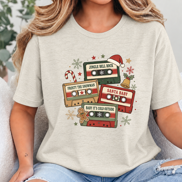 Wholesale Vintage Christmas Cassettes Graphic Tee - Heather Oatmeal