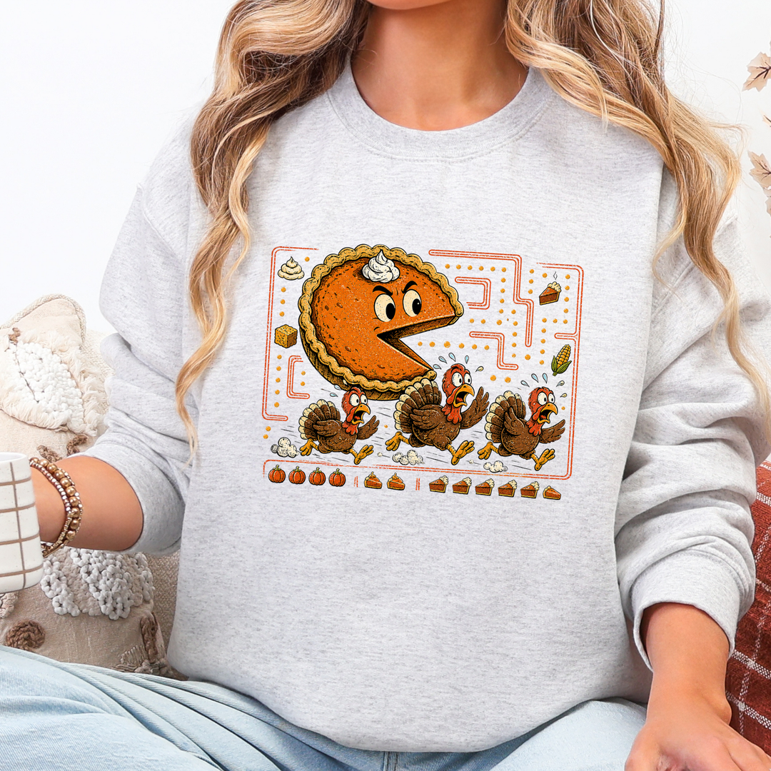 Wholesale Thanksgiving Pie Chasing Turkey Graphic Sweatshirt - Ash