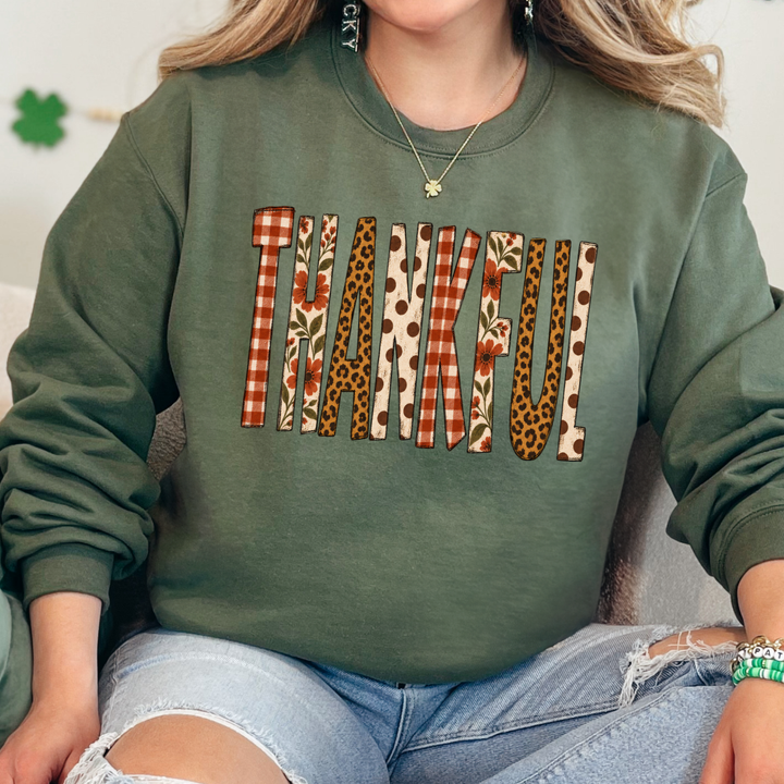 Wholesale Patchwork Thankful Graphic Sweatshirt - Military Green