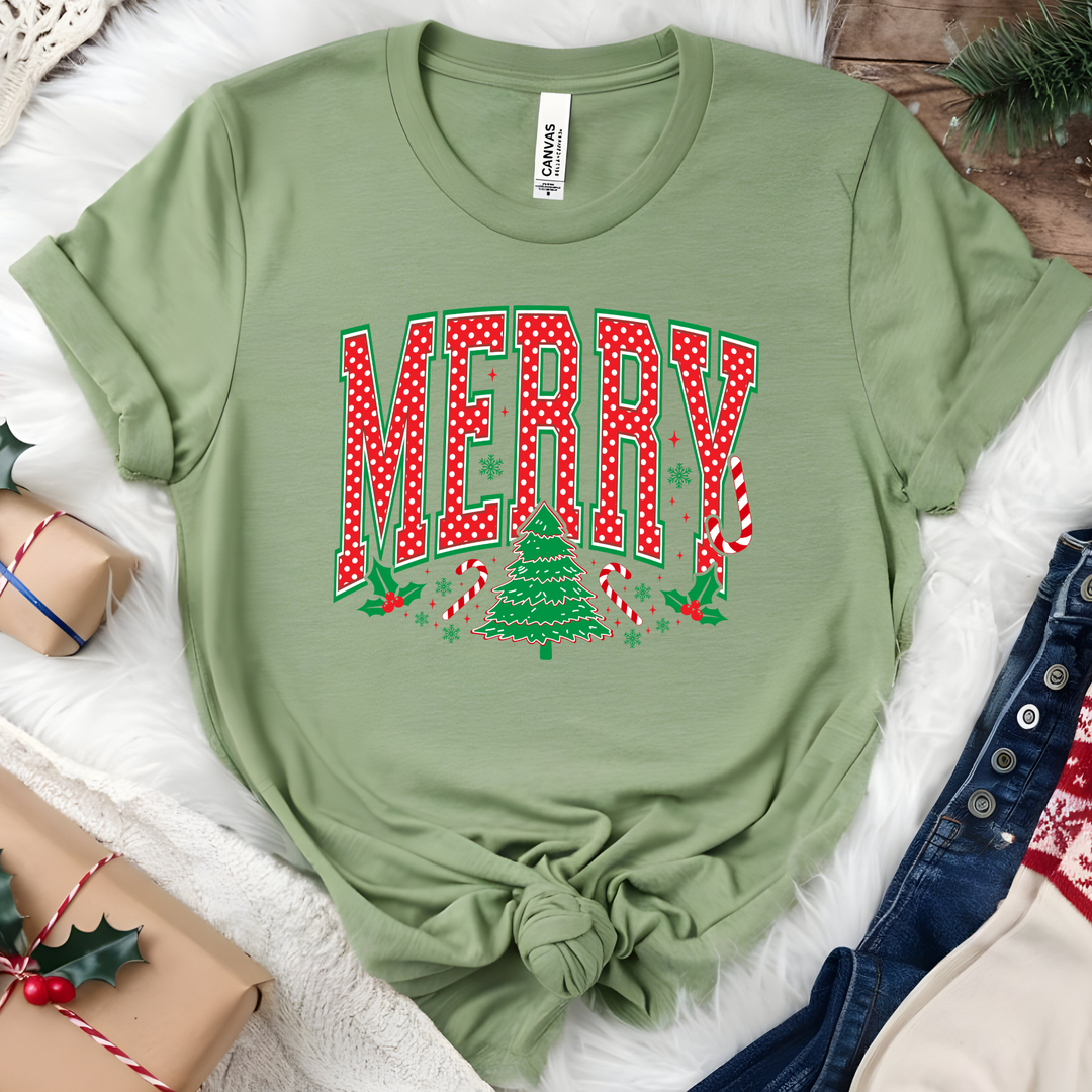 Wholesale Merry Polka Dot Graphic Tee - Heather Green