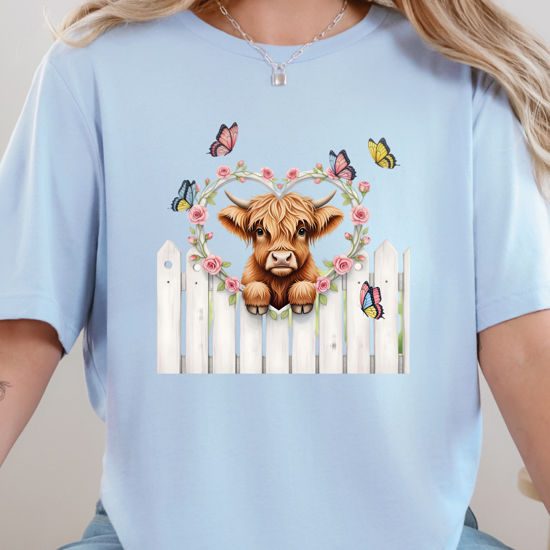 Wholesale Highland Cow Butterflies Graphic Tee - Baby Blue Tee