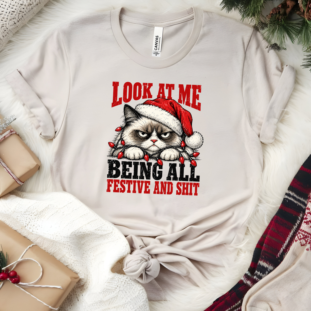 Wholesale Grumpy Christmas Cat Graphic Tee - Heather Dust