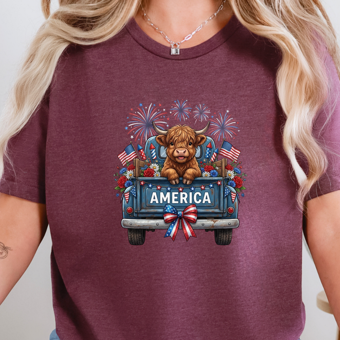 Wholesale Highland Cow America Truck Graphic Tee - Heather Maroon Tee