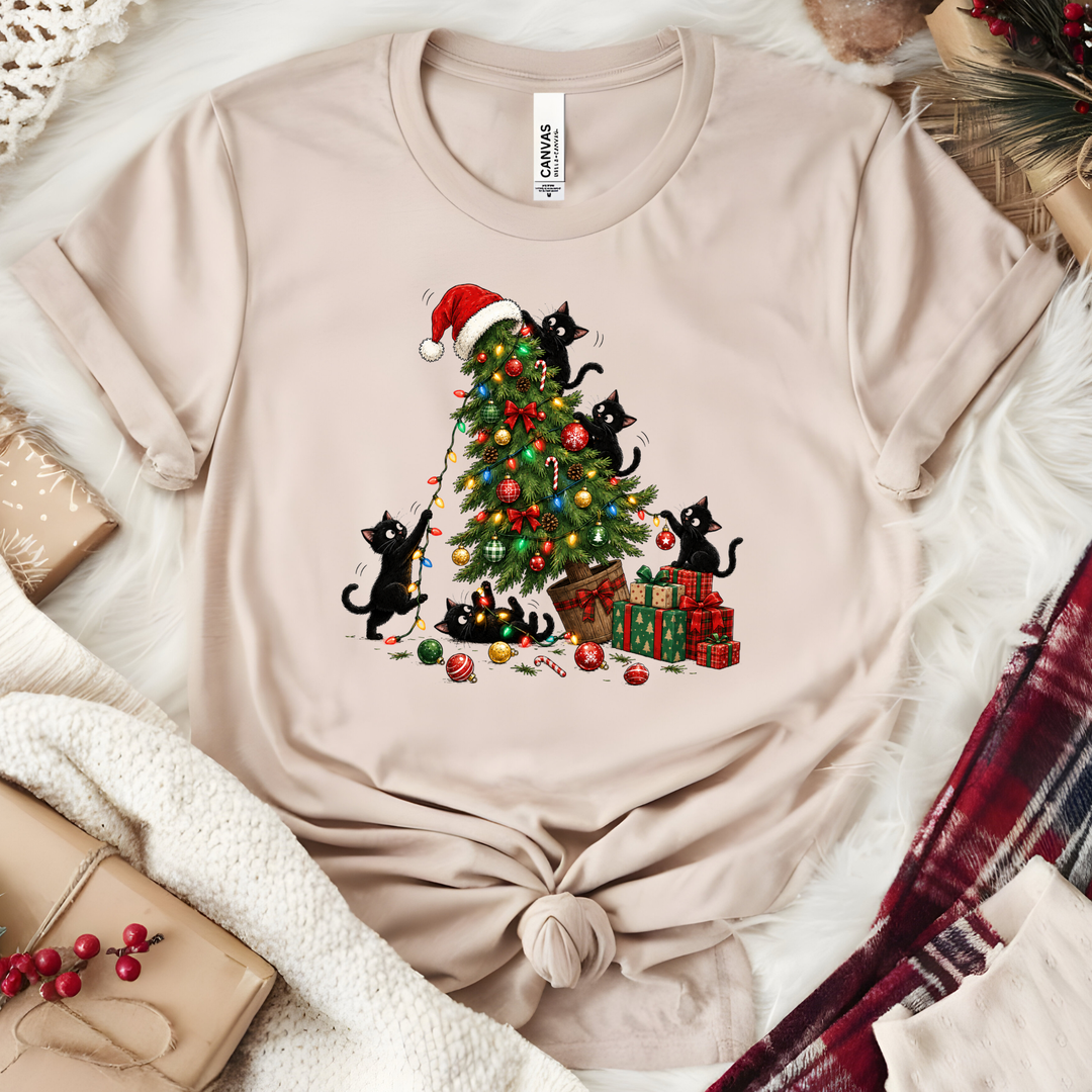 Wholesale Black Cat Christmas Tree Graphic Tee - Heather Dust