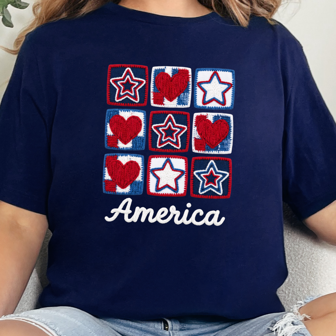 Wholesale Patriotic Quilt Stars Hearts Graphic Tee - Navy Tee