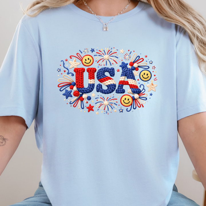 Wholesale Faux Yarn USA Fireworks Graphic Tee - Baby Blue Tee