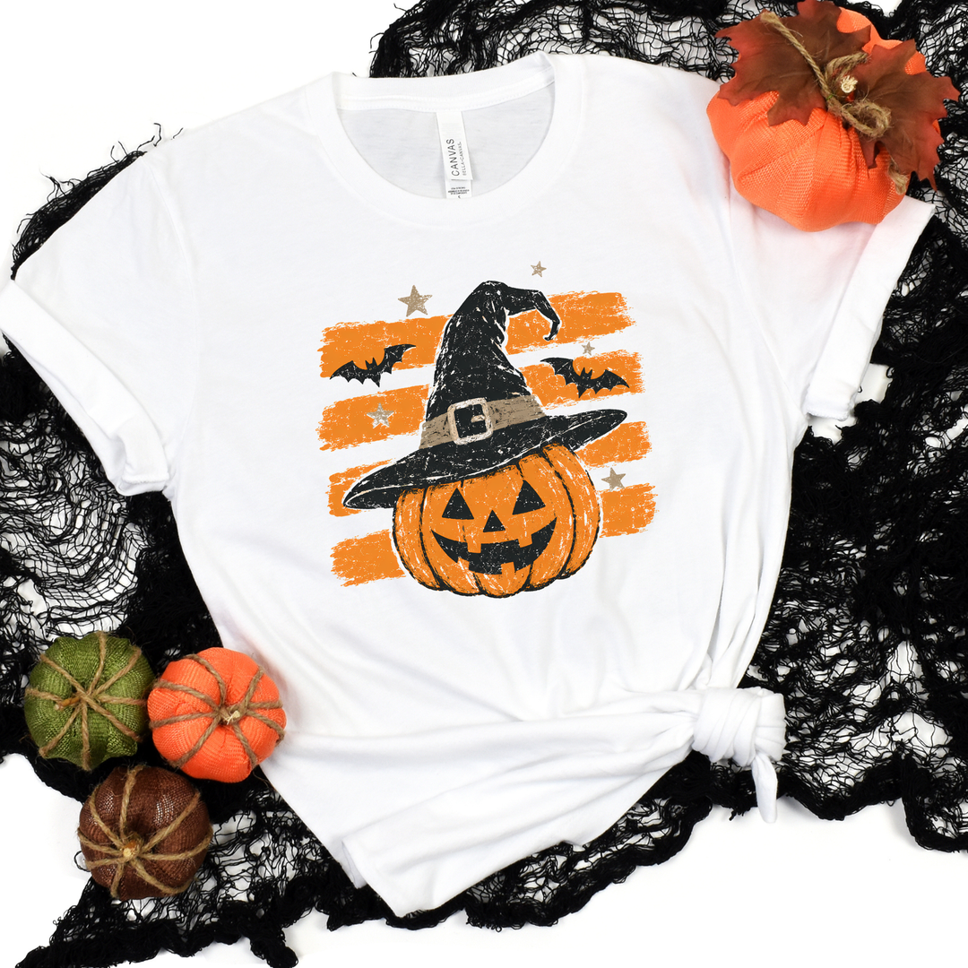 Wholesale Striped Vintage Halloween Pumpkin Graphic Tee - White