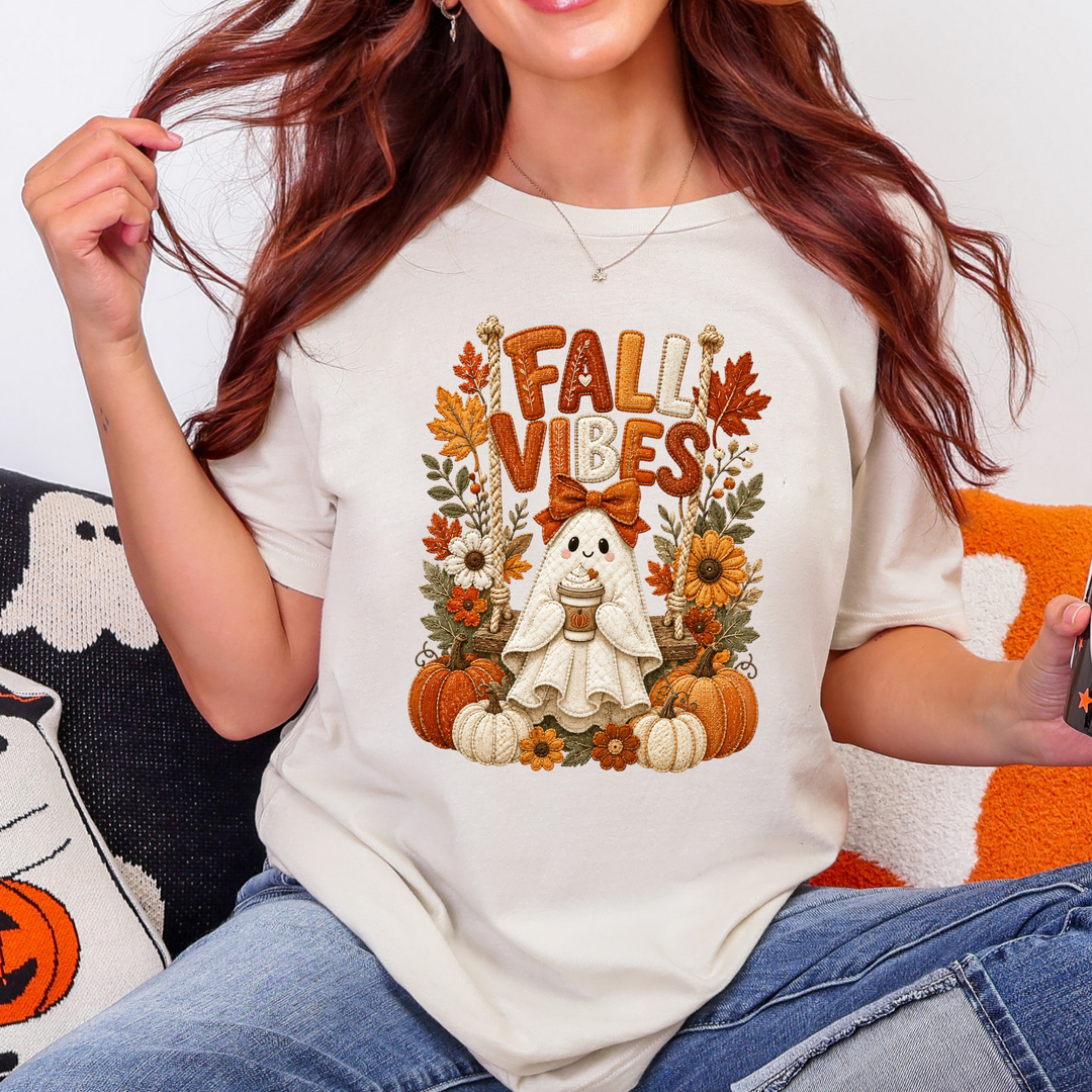Wholesale Floral Ghost Autumn Patchwork Graphic Tee - Natural
