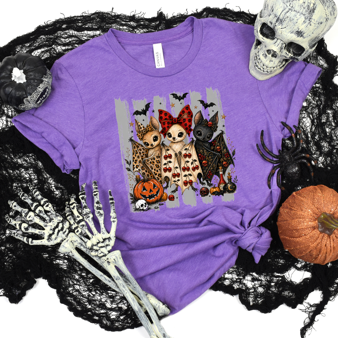 Wholesale Cute Halloween Bats Graphic Tee - Heather Team Purple