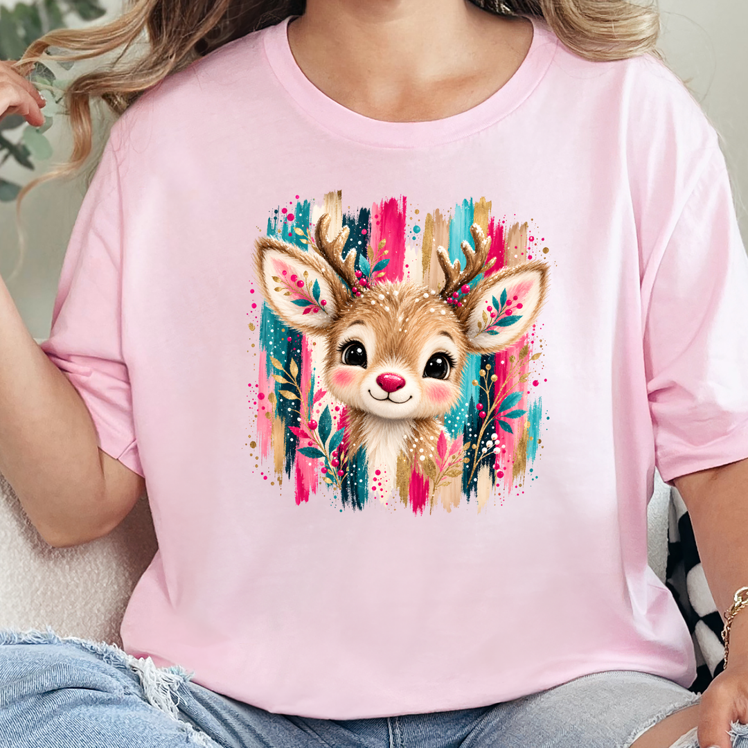 Wholesale Christmas Brushstroke Reindeer Graphic Tee - Soft Pink