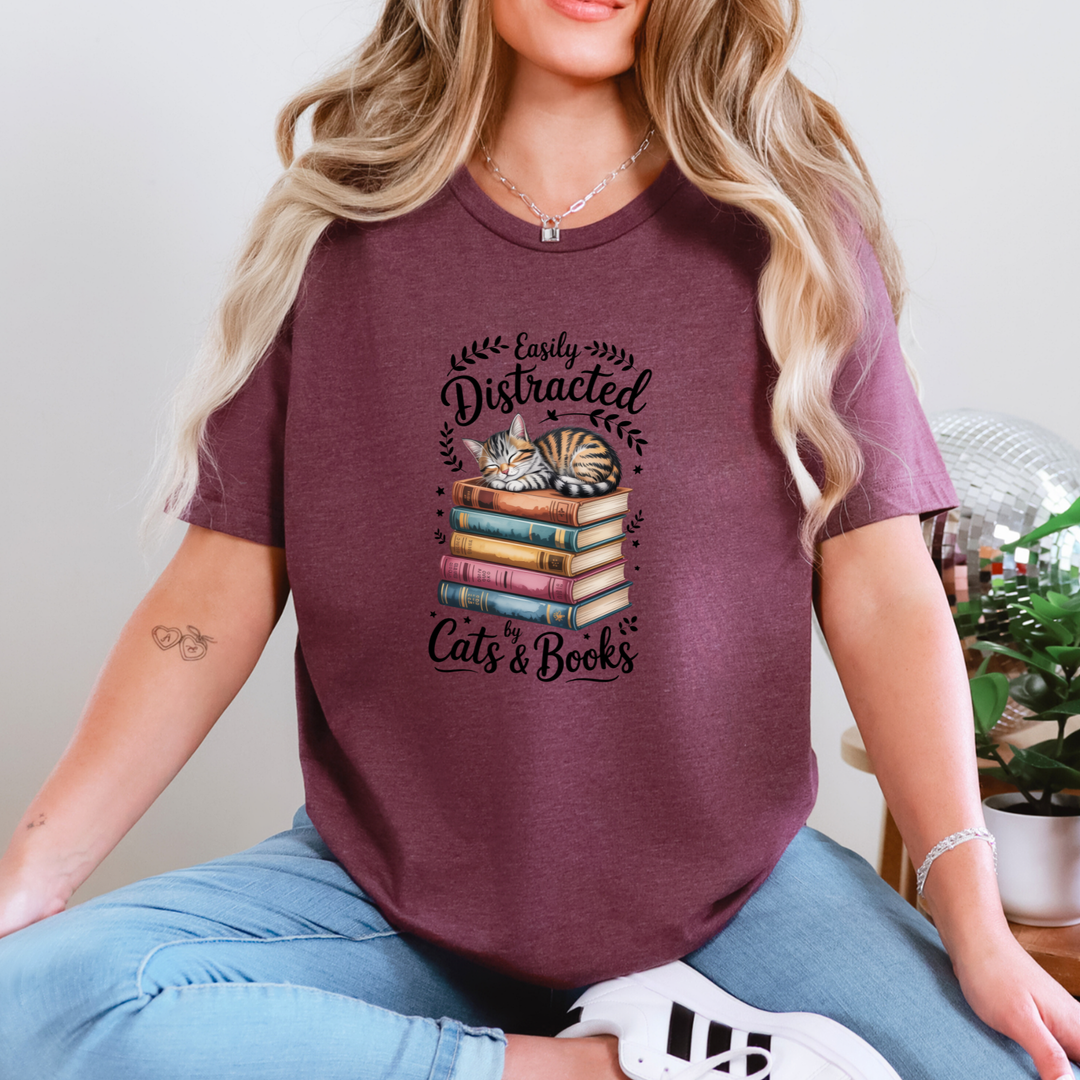 Easily Distracted by Cats & Books Graphic Tee