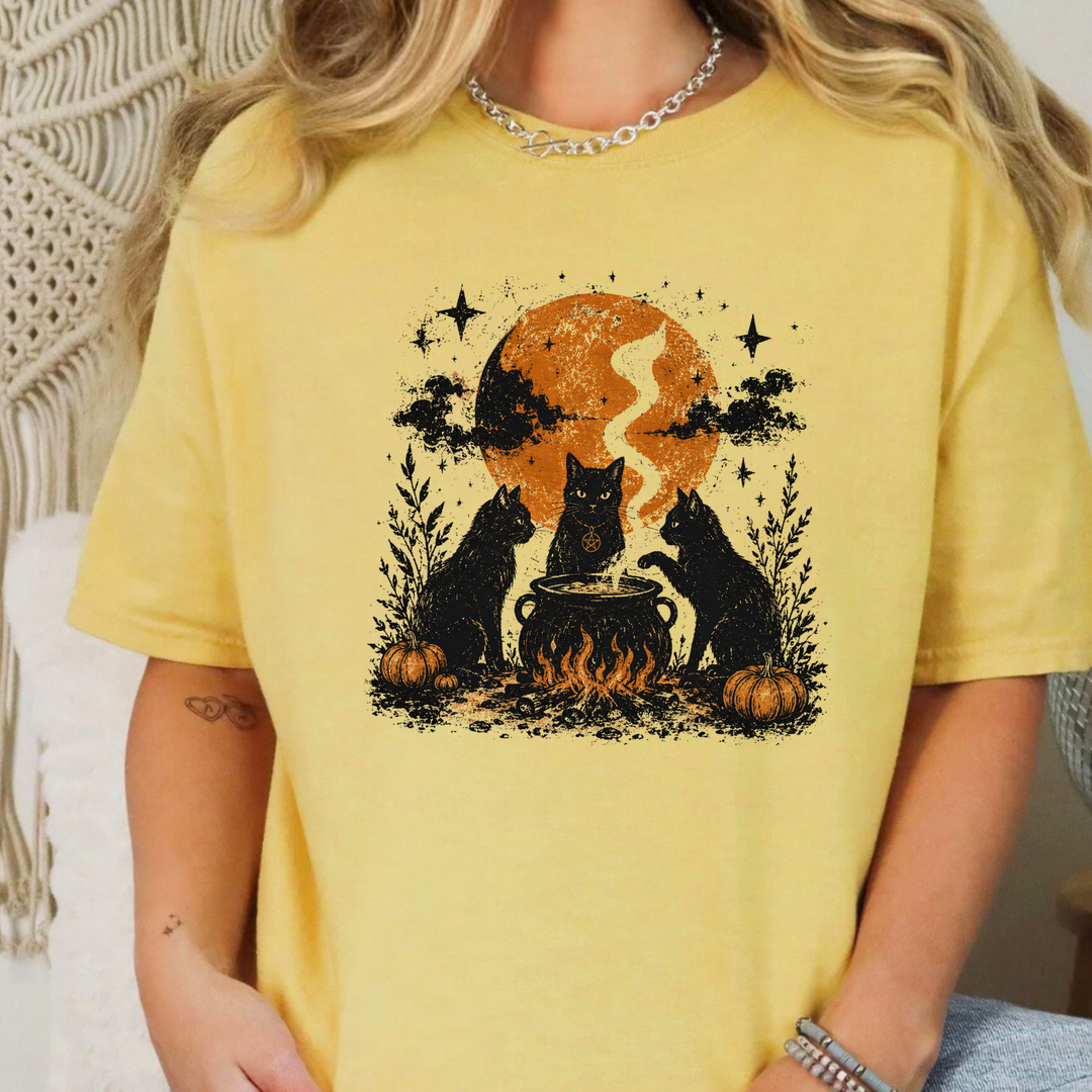 Wholesale Witch Cat Coven Halloween Graphic Tee - Mustard
