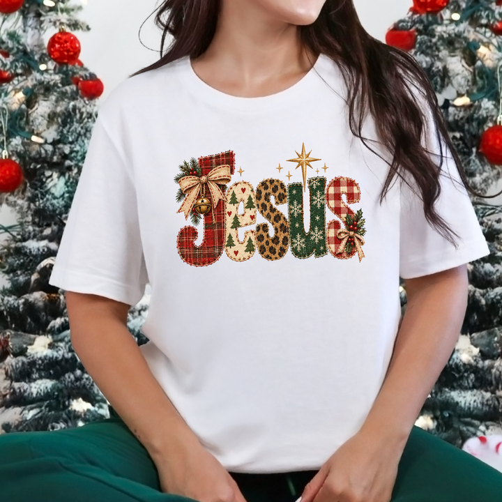 Wholesale Christmas Patchwork Jesus Graphic Tee - White
