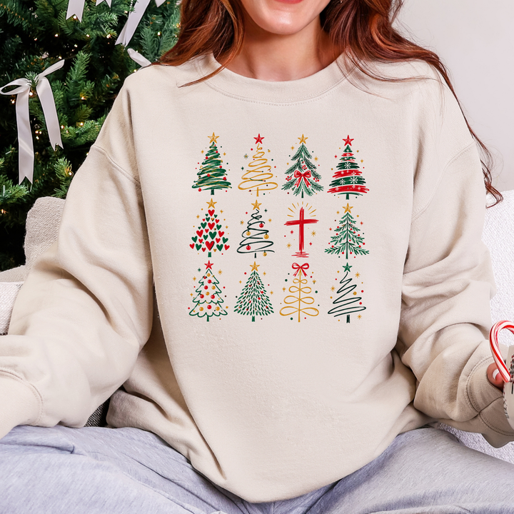 Wholesale Christmas Tree Grid Graphic Sweatshirt - Sand