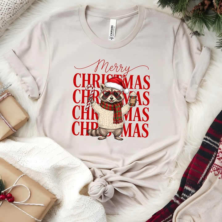 Wholesale Merry Christmas Raccoon Graphic Tee - Heather Natural