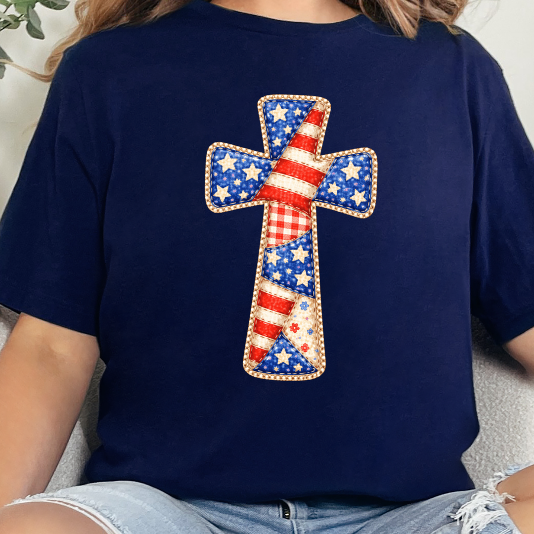 Wholesale Patriotic Patchwork Cross Graphic Tee - Navy Tee