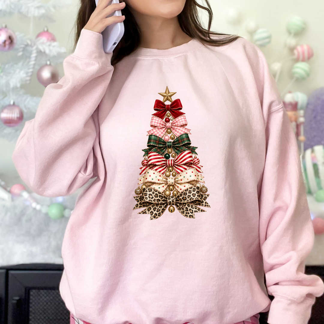 Wholesale Christmas Bow Tree Graphic Sweatshirt - Light Pink