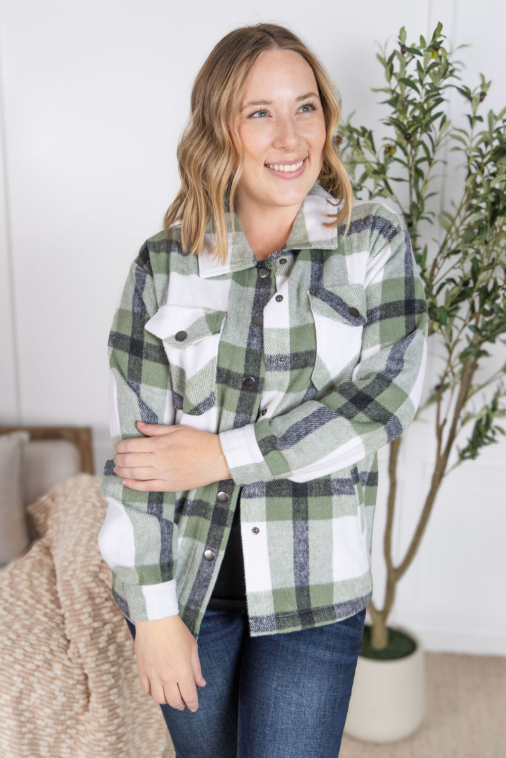 IN STOCK Norah Plaid Shacket - Sage Mix
