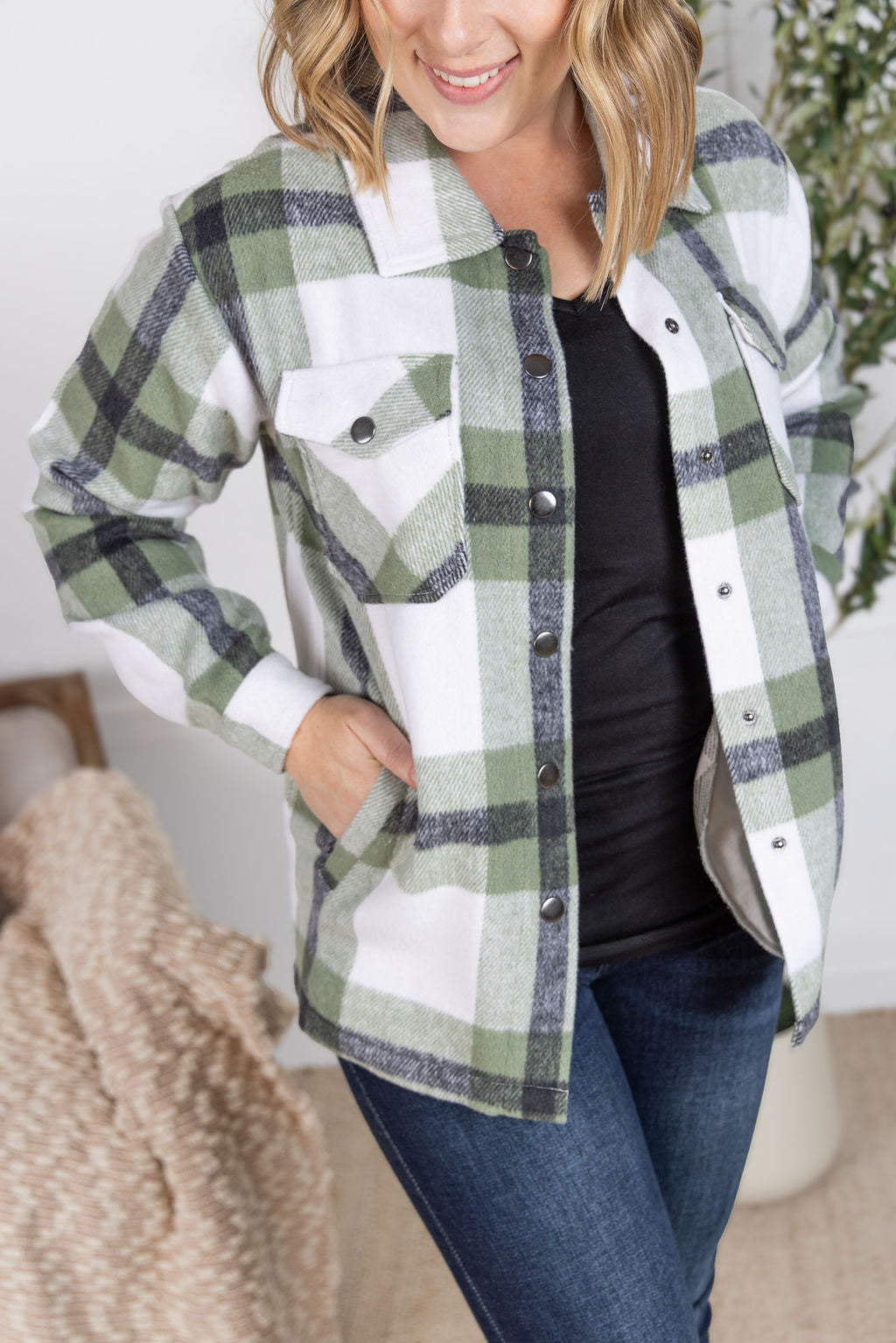 IN STOCK Norah Plaid Shacket - Sage Mix